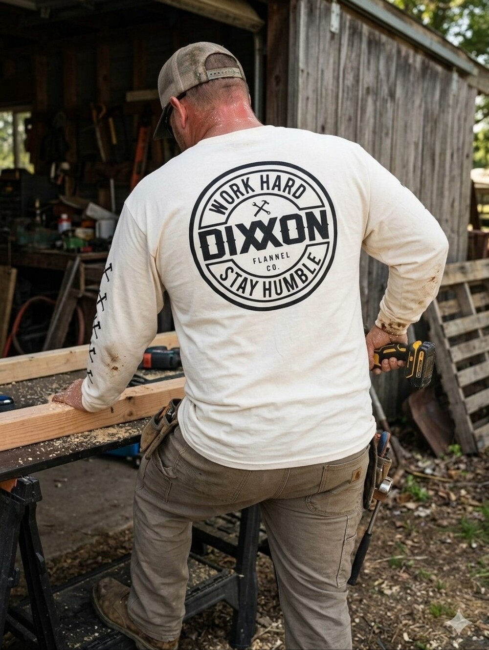 DIXXON Cream Long Sleeve Logo Tee with Sleeve Script NWOT Never Used
